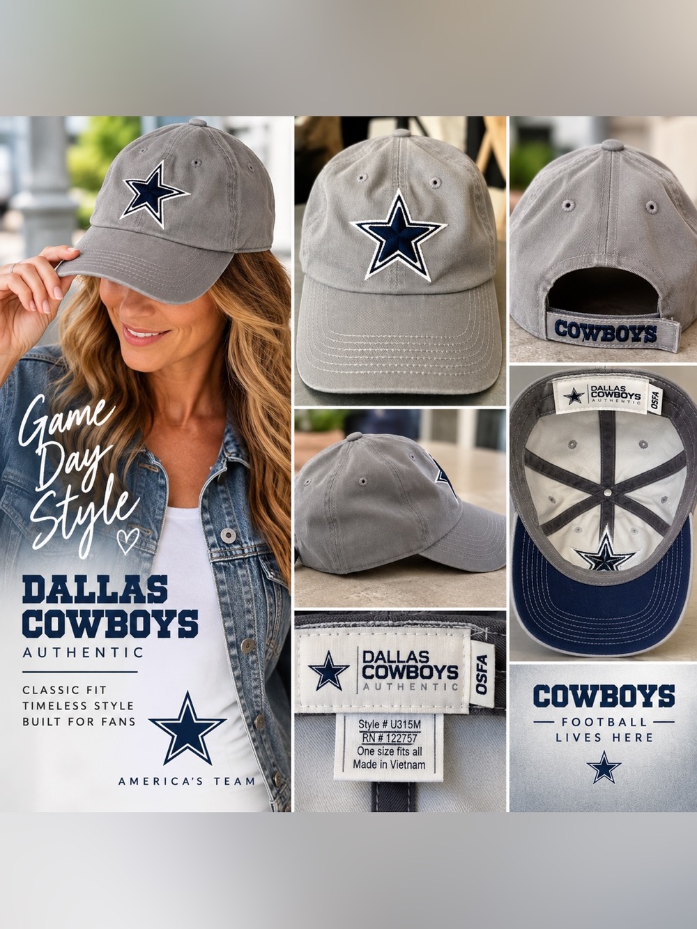 Dallas Cowboys Authentic Gray Embroidered Star Adjustable Hat OSFA